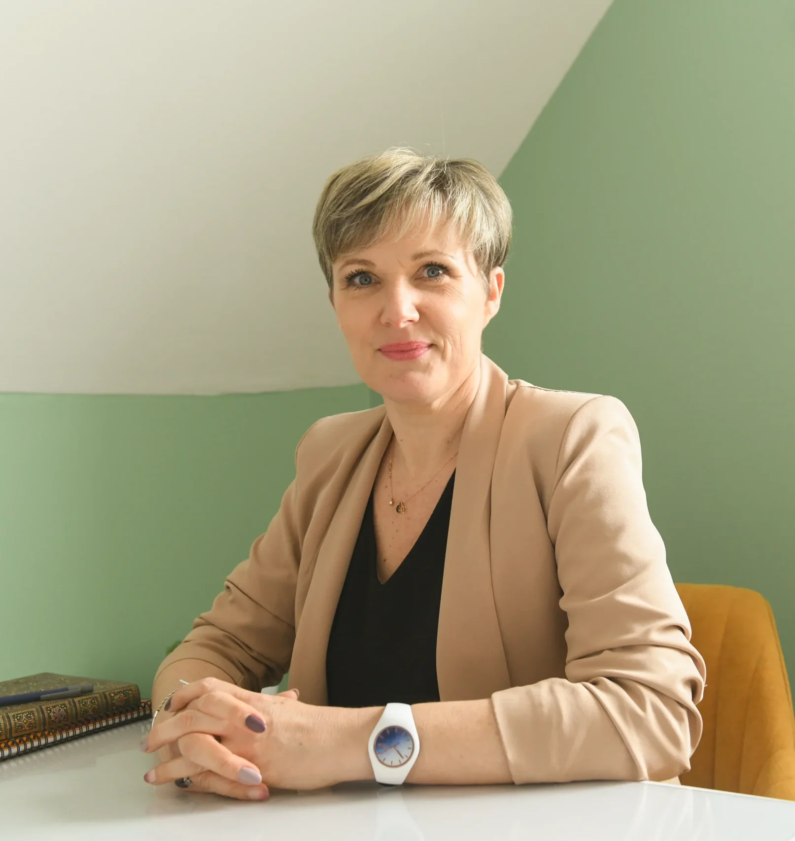 Photo représentant Véronique Robillard assise les mains croisés à son bureau, Mon parcours et mes valeurs